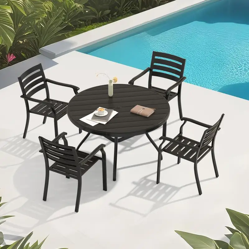 5-Piece Outdoor Dining Set, 4 Stackable Metal Chairs & 40.6-Inch Round Table for Lawn, Garden, Backyard, Deck