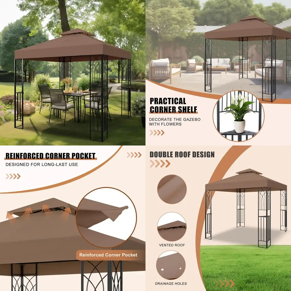 

Уличная беседка 8x8 с угловыми полками и двойной крышей для укрытия от солнца на заднем дворе