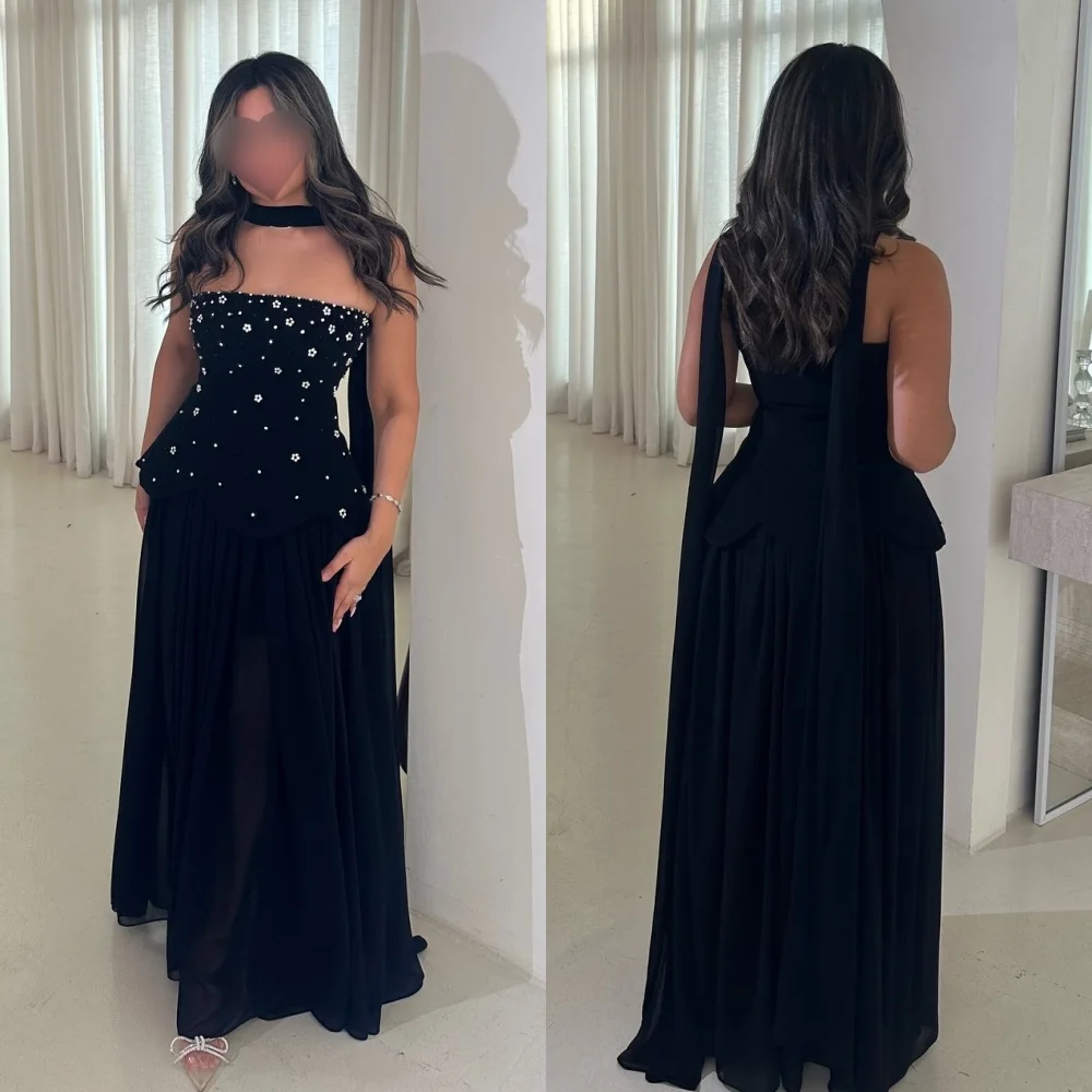 Aangepaste Sparkle Sexy Chiffon Plooi Strass Bloem A-lijn Strapless Lange Jurken Op maat gemaakte Gelegenheidsjurken Hoge kwaliteit