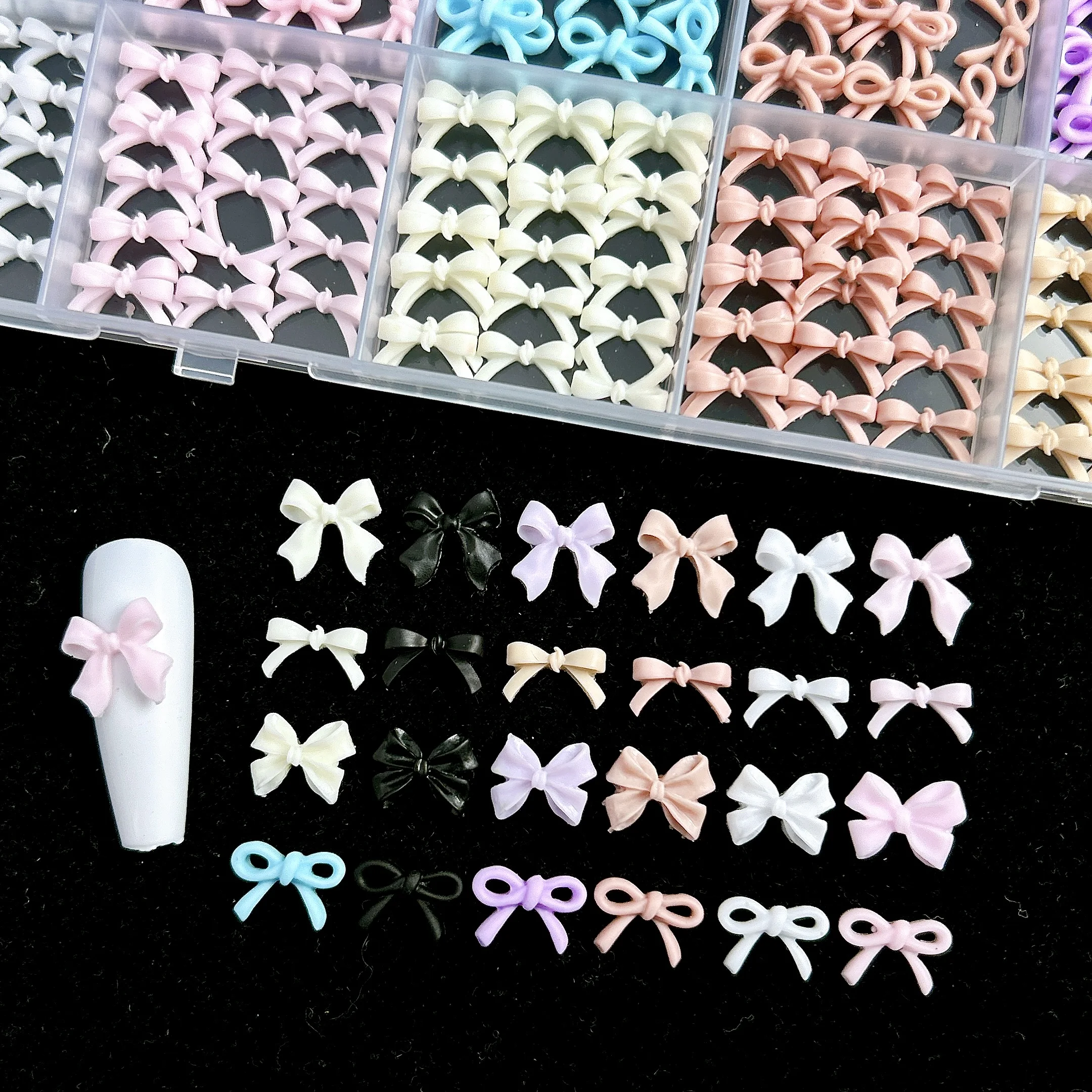 1 상자 달콤한 솔리드 컬러 리본 넥타이 수지 네일 매력 미니멀리스트 하트 플랫 백 진주 DIY 네일 부품에 대한 혼합 네일 아트 장식