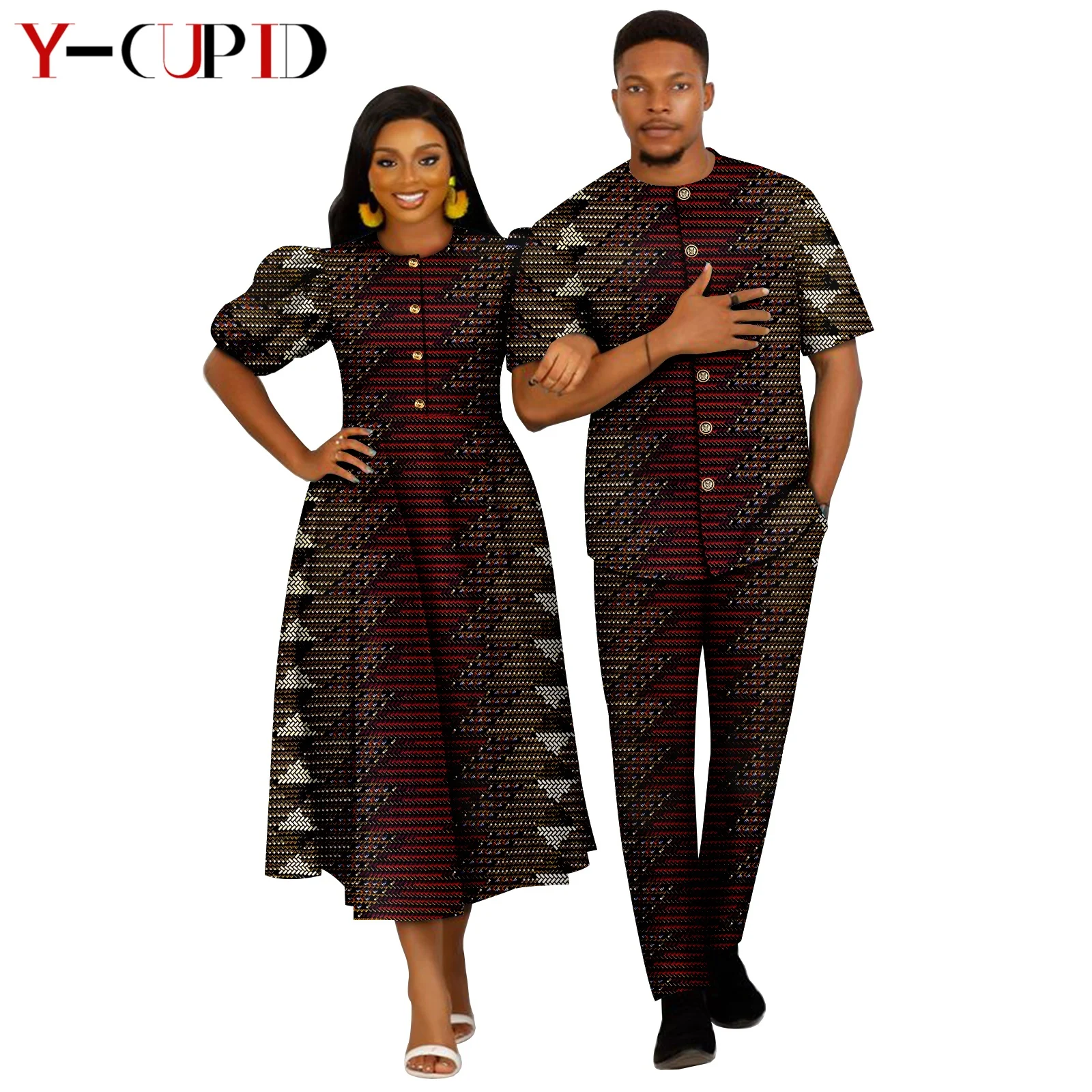 African Print Dresses for Women Matching Couples Clothes Dashiki Men Outfit Bazin Riche Top Shirt and Pant Sets 24C074