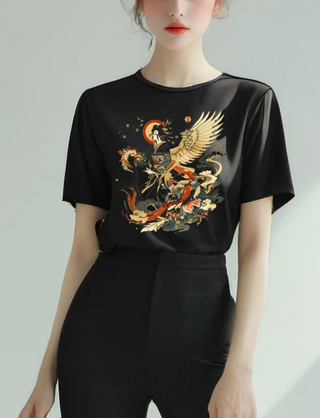 LE Japanese Retro Vintage Artwork Tengu Goddess Playing Flute T-Shirt Japanese 2000s Style Y2k Women Clothing