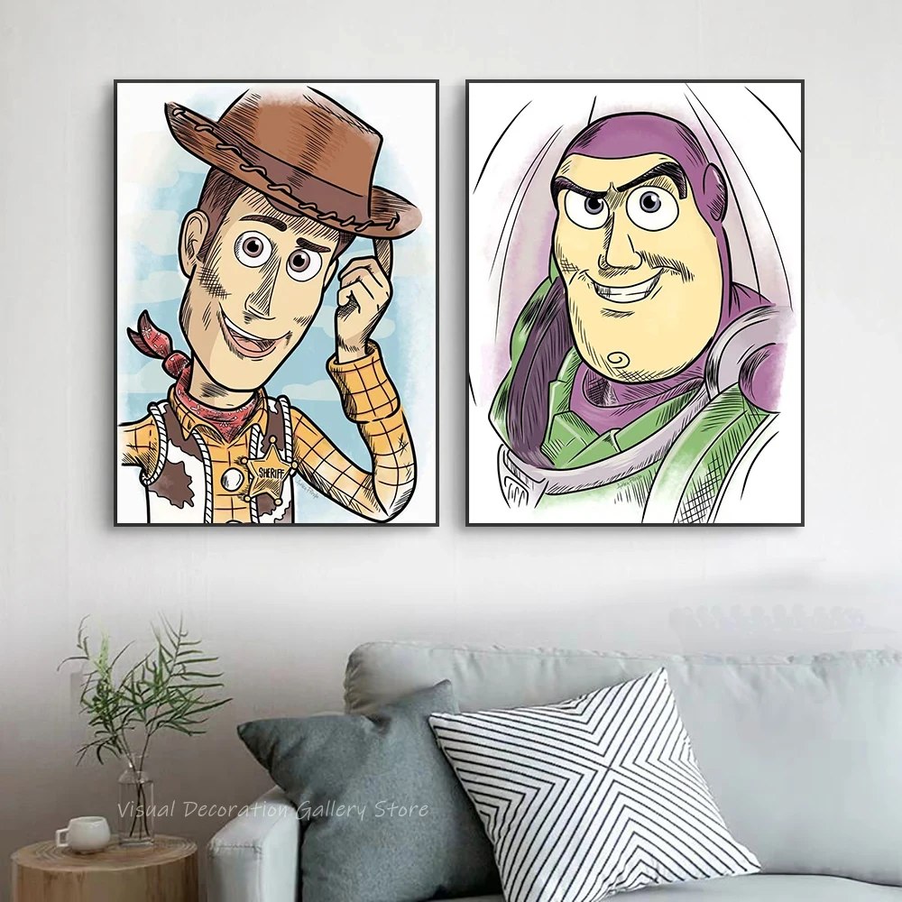 

Disney Cartoon Woody Bath Lightyear Watercolor Poster Toy Story Wall Art Prints Bedroom Home Decor Kindergarten Canvas Paintings