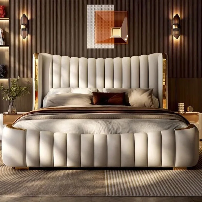 Luxury Double King-Size Bed Set Modern Ecological Genuine Leather Upholstered Bedroom Furniture Soft and Adjustable Uplolstery