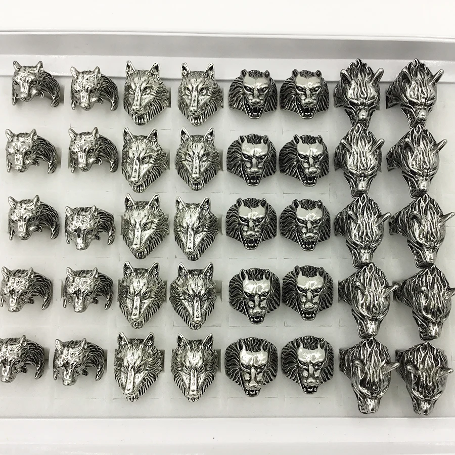 Wholesale 20/50 Pcs/Lot Vintage Wolf Head Ring Men Punk Rock Gothic Finger Accessories  Domineering Personality Creative Jewelry