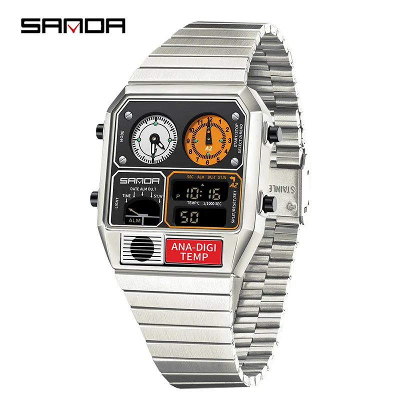 SANDA 3192 Quadratische elektronische Uhr für junge Männer, lässige multifunktionale Armbanduhr mit Thermometer, Stoppuhr, Chronograph