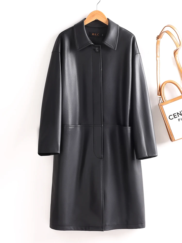   Manteau en cuir véritable Ning pour femme, mi-long, coupe ample, amincissant, en peau de mouton, coupe-vent, décontracté, vintage, personnalisé, en cuir ov...