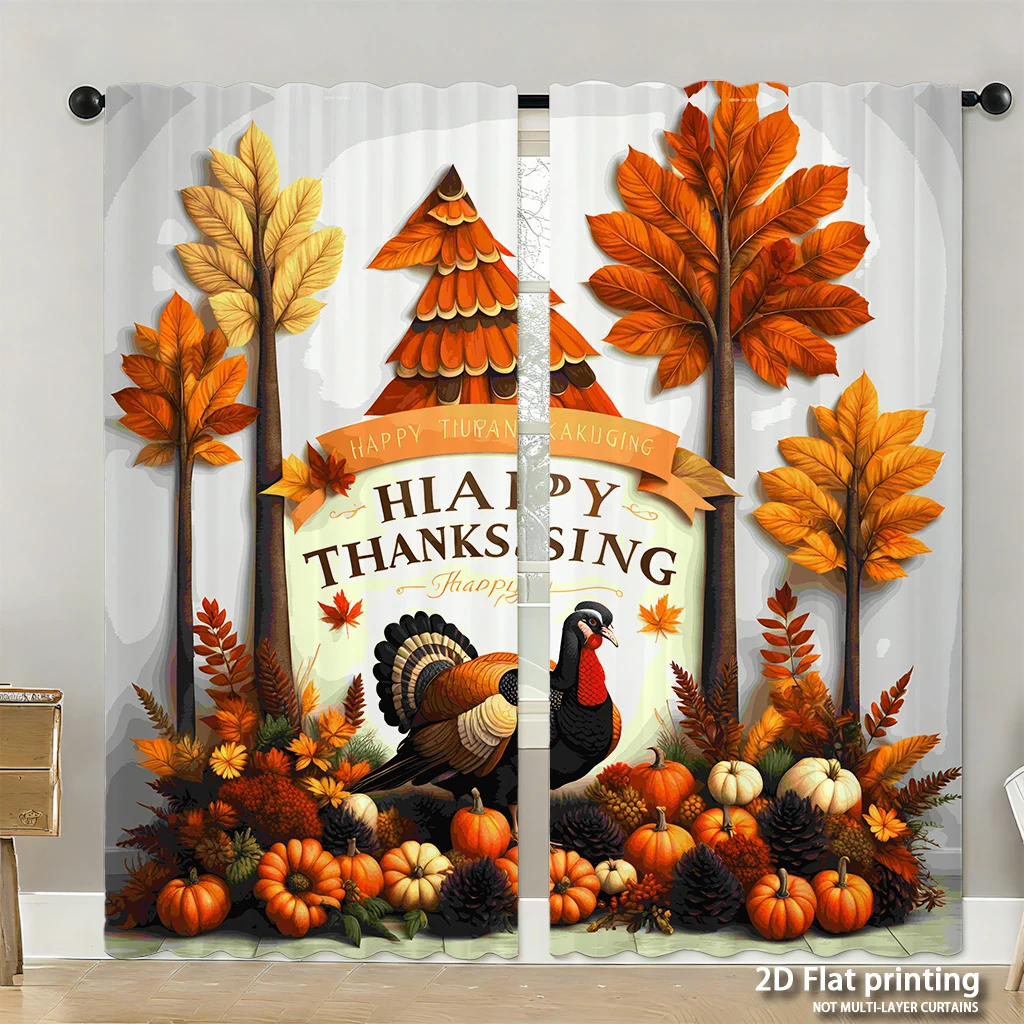 2-piece set of high-definition digital printed curtainsthanksgiving autumn colors leaves turkey pumpkins decorative elementsHome