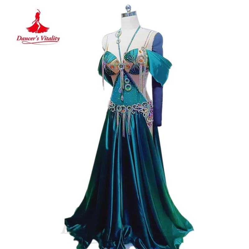 BellyDance Performance Suit Customized AB Stones Bra+Satin Long Skirt 2pcs Adult and Child Oriental Dancing Competition Clothing