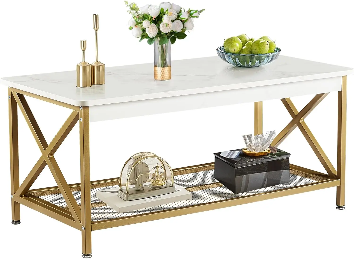 Coffee table with 2 tier storage shelf X-frame for living room office industrial style, easy to assemble, gold