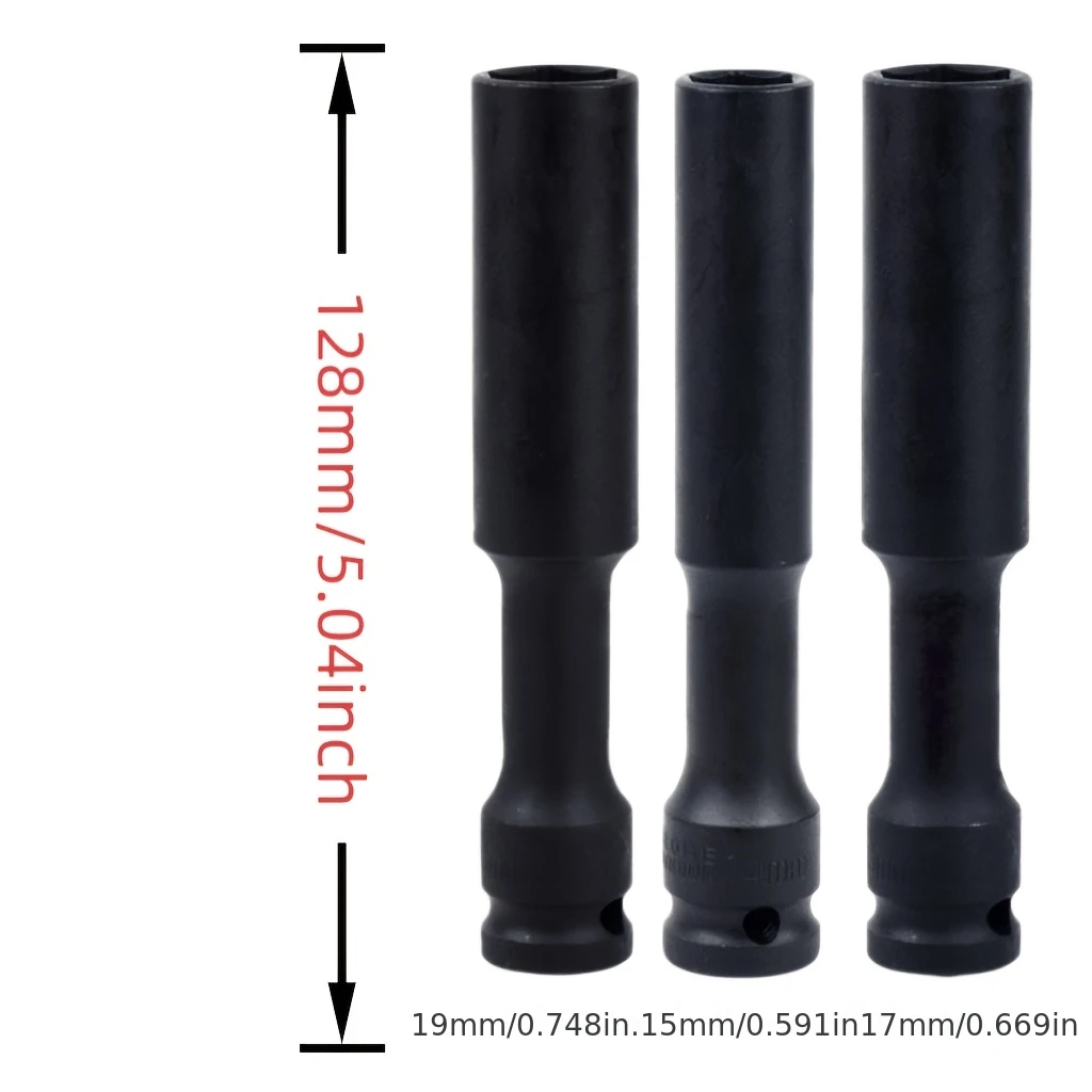 1/3pcs 1/2 inch extended thin-walled impact socket set, including 15mm, 17mm, 19mm deep hole sockets  pneumatic wrench sockets - view 2
