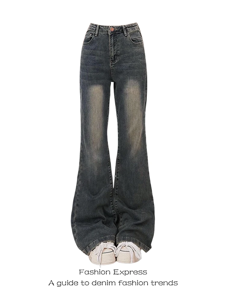 

American Retro High Waist Straight Leg Jeans Women's Spring New Sle Slimming Micro Flared Blue Jeans Long Pants Zipper Closure