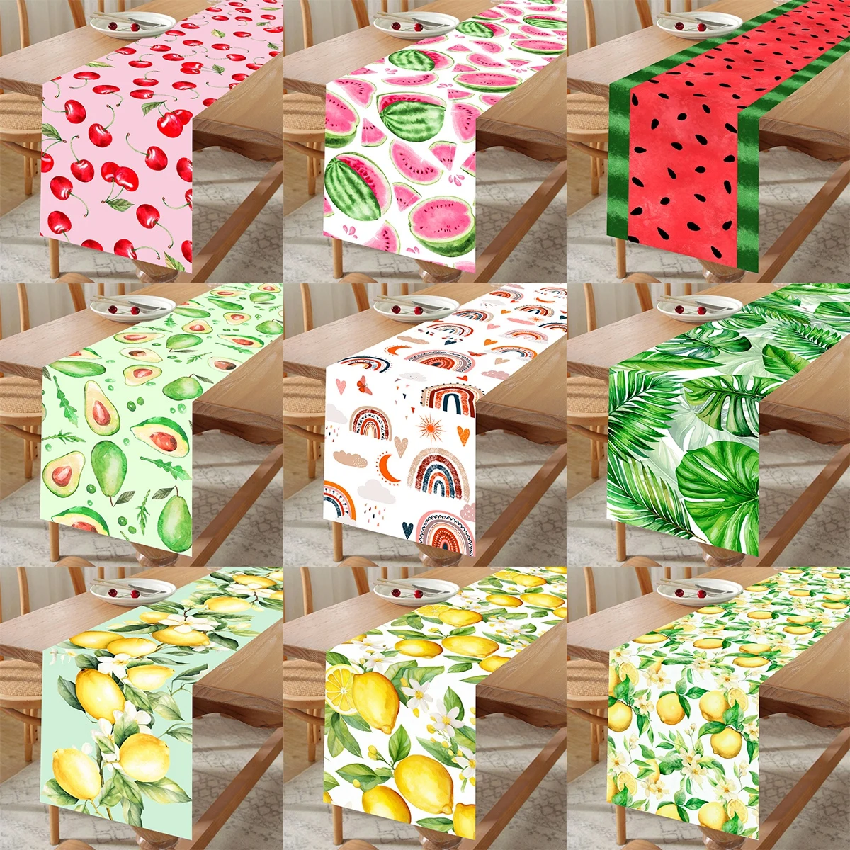 

Summer Yellow Lemon Table Runner Summer Style Watermelon Strawberry Print for Picnic Birthday Party Home Kitchen Decoration