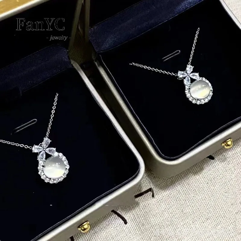 New Silver Diamond Ice Kind Natural White Chalcedony Pigeon Egg Pendant Light Luxury Exquisite Necklace Women's Collarbone Chain