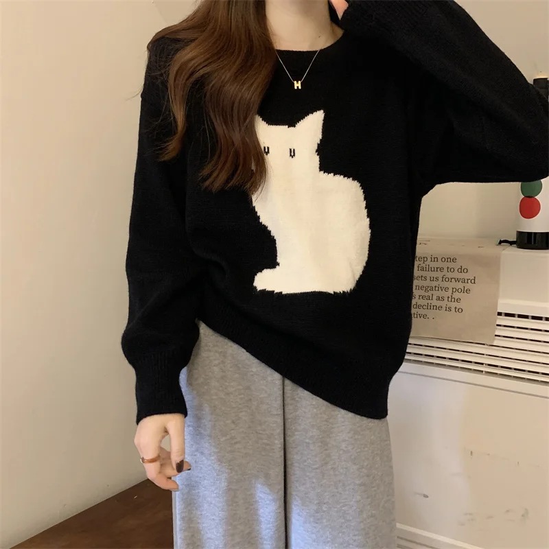 Women‘s Sweater Cute Cartoon Cat Pullover Autumn Winter Outwear Baggy Vintage Knitted Top Fashion Streetwear Female Y2k Clothes