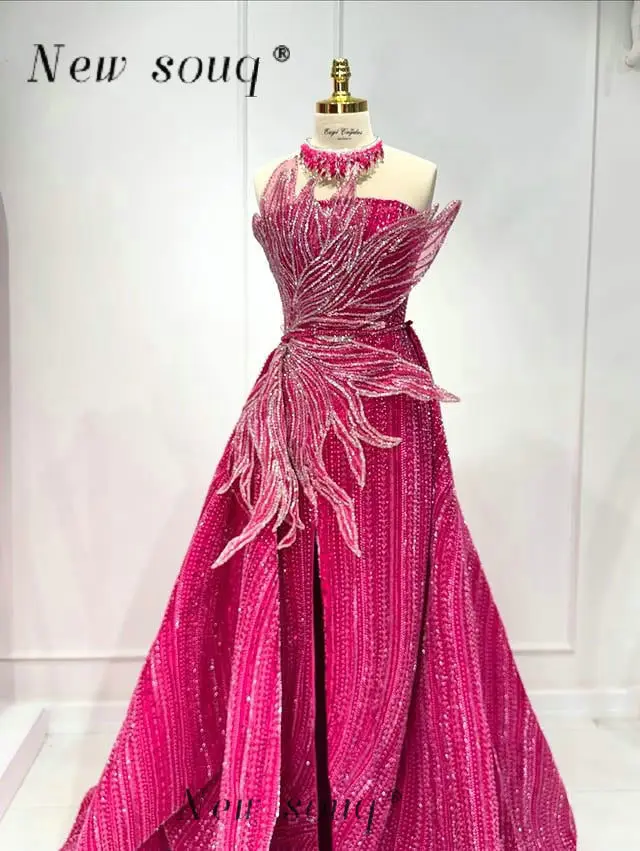 

Dubai Hot Pink Evening Dresses with Detachable Train 2025 Customized Luxury Beaded 3D Design Formal Wedding Events Party Gowns