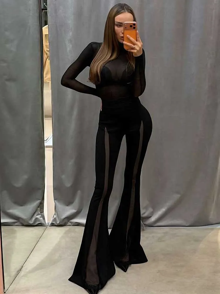 

Женский цельный комбинезон с эффектом подтяжки ягодиц, длинные расклешенные брюки, высокая талия, сексуальный черный прозрачный комбинезон