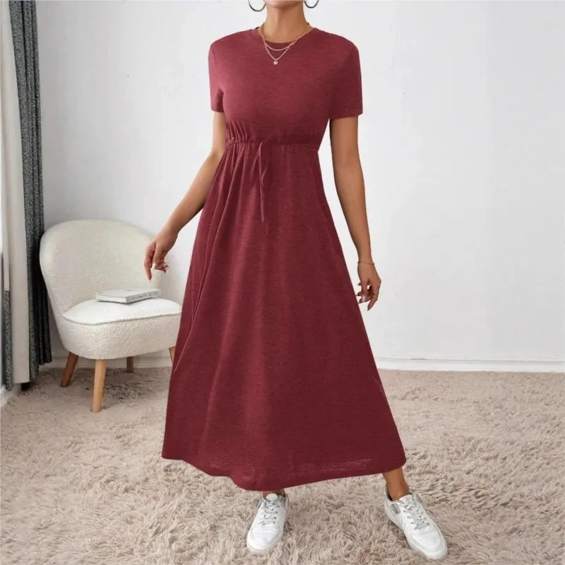 

New In Dresses Solid Color Waisted Short-sleeved Outdoor Office Commuting Spring And Summer Women's A-line Drawstring Long Skirt