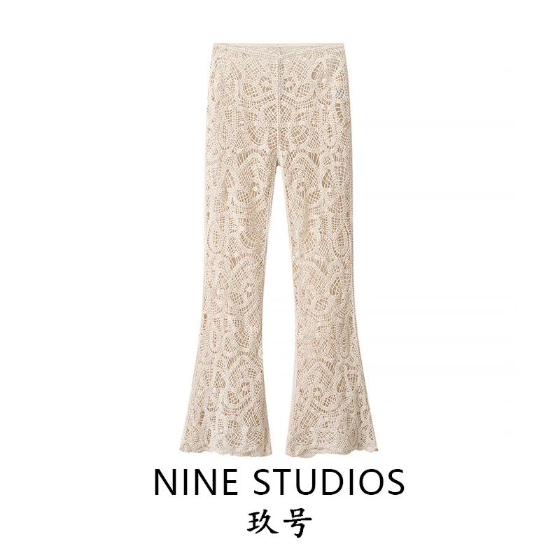 Cintura alta Bell Bot Calças femininas sexy renda bordada transparente emenda casual calças compridas senhoras Faion Europe S...