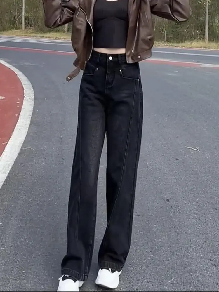 Thiened Fce Jeans mit geradem Bein, hohe Taille, lange Hosen, lockere Jeans mit weitem Bein, Schlankheitseffekt, Herbst, neue Damen-Jeans in Übergröße