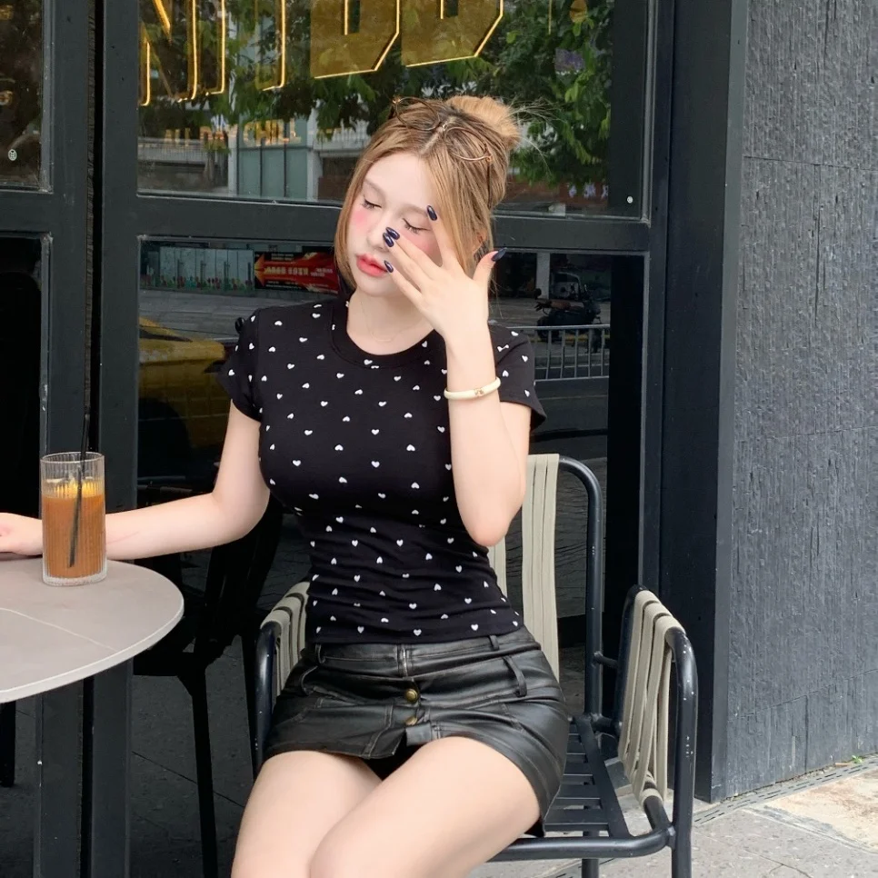 Summer New Style Hot Girl Heart Print Splice Shoulder Short Sleeve T-Shirt Women Slim Fit Short Length Fixed Band Chest Pad Top