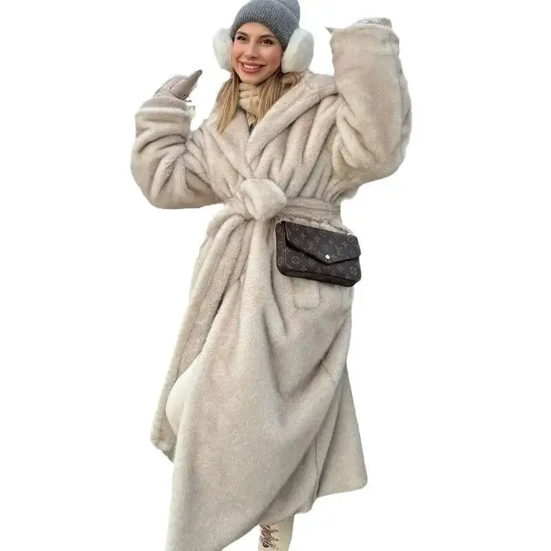 معطف جديد من الفرو الصناعي لعام 2025 للنساء طويل بقلنسوة دافئ قطيفة ناعمة من المينك ملابس خارجية صديقة للبيئة سترة عصرية للخريف والشتاء #5