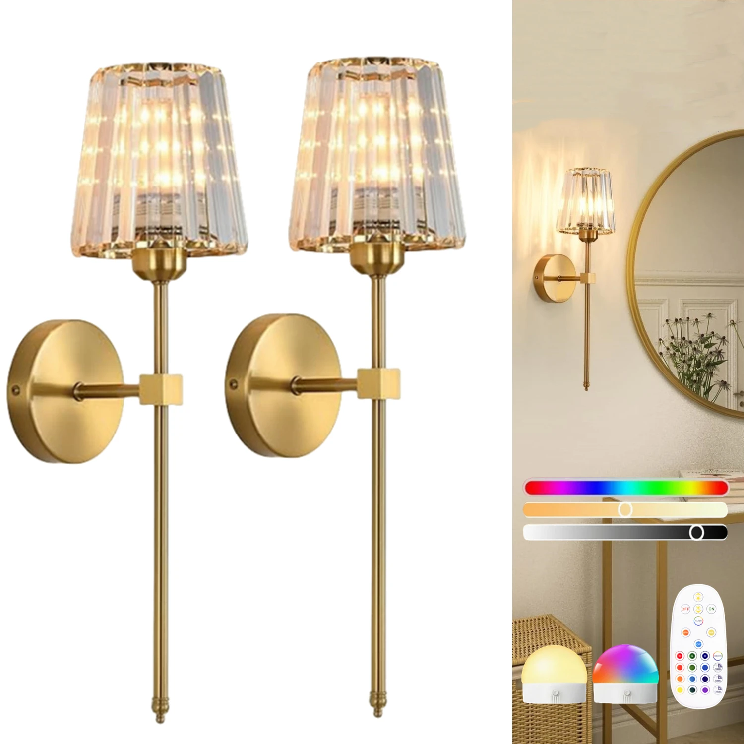Cordless Battery-Powered Crystal Wall Light, Wireless Wall Light with USB Charging Bulb, 15-Color Dimmable Wall Light with Remote Control, Suitable for Bedroom, Living Room, Hallway