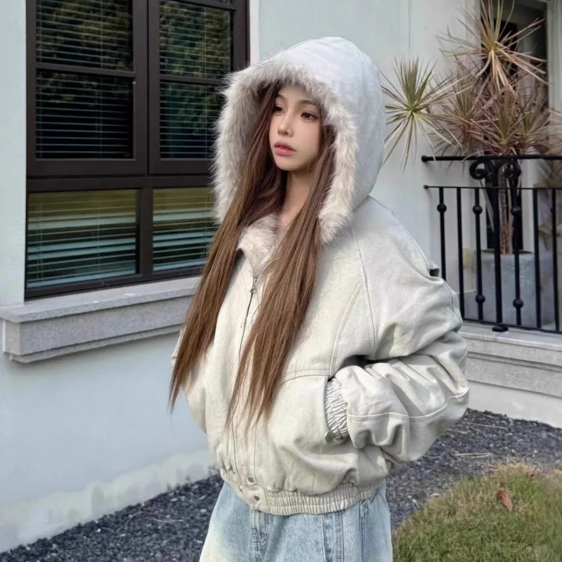 Sweat à capuche chaud d'hiver pour hommes et femmes, manteau rétro en peluche, vêtements de sport, nouveau Streetwear ample Y2k, veste en coton pour Couple, veste Punk à col en fourrure