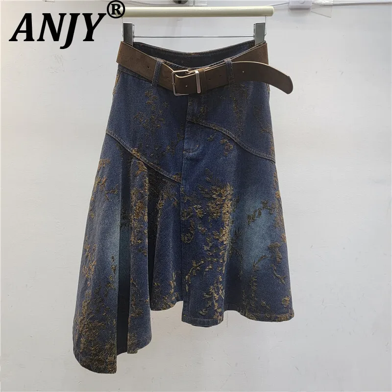 

ANJY Autumn New Women American Vintage Streetweat Flocked Irregular Unique Design Denim Skirts Fashion Temperament Casual A14610