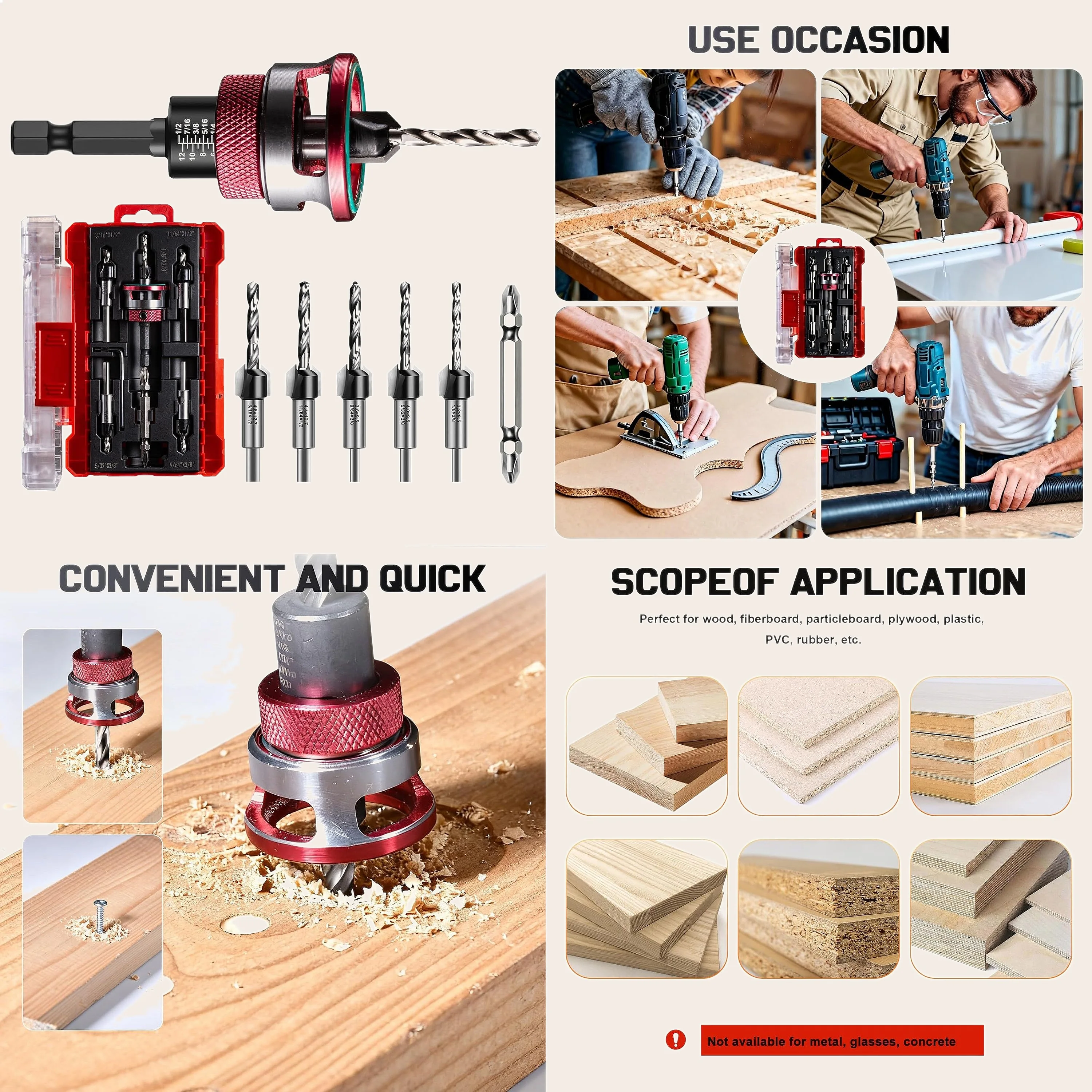 5pcs Countersink Drill Bit Set with Depth Stop M2 Pre-Drill Hex Shank for Wood