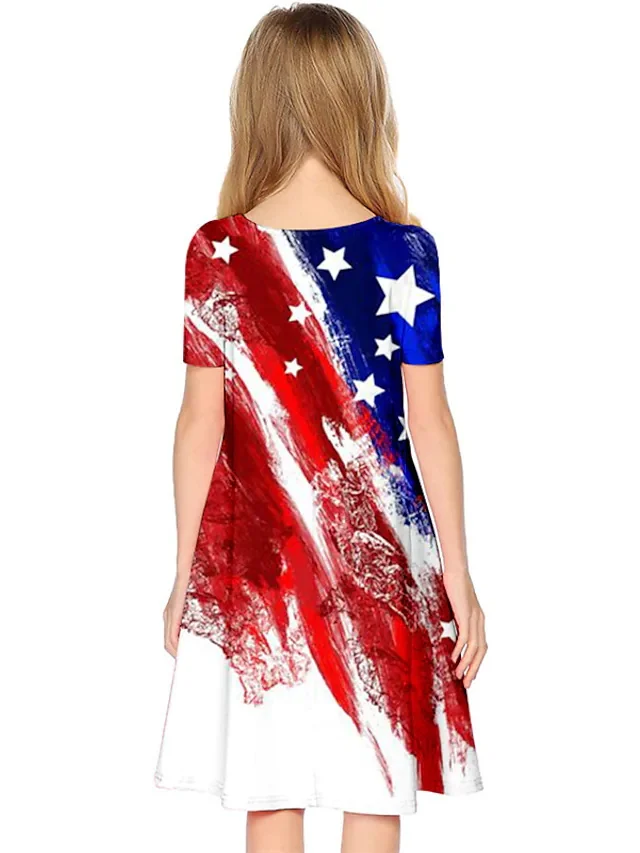 Summer rice flag graphic print girls off-the-shoulder round neck fashion dress hot sale