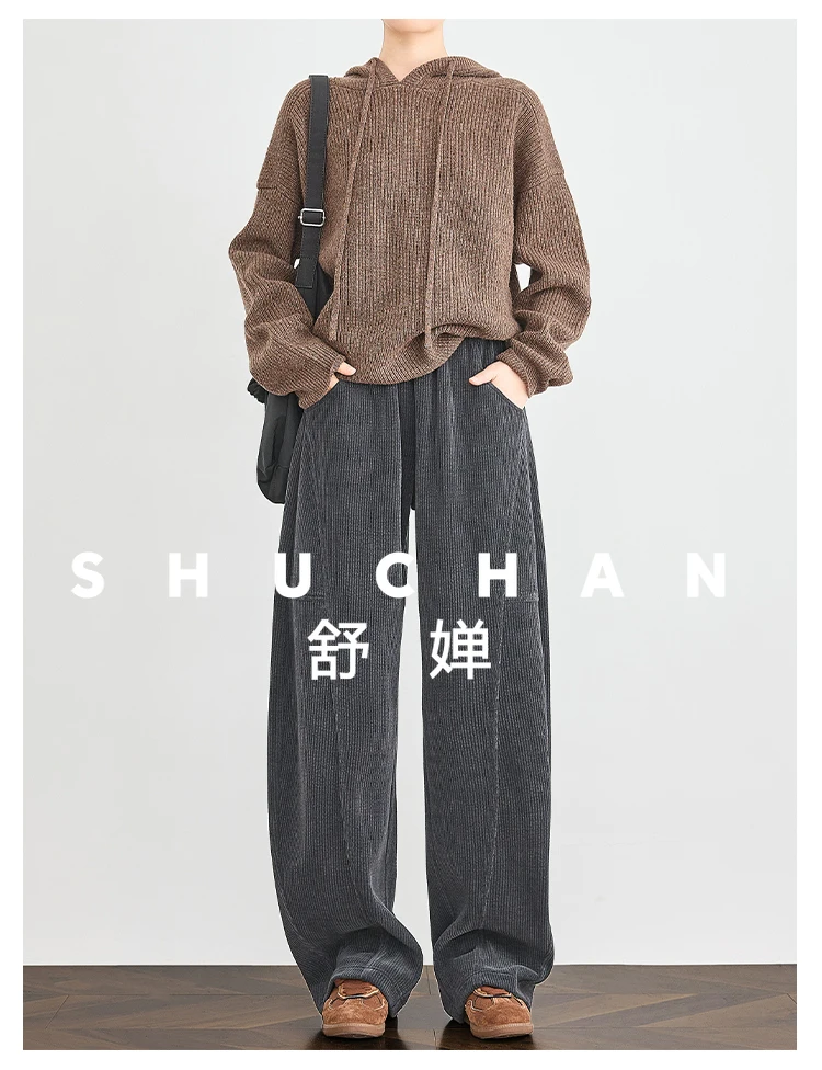 Dark Gray Extended Banana Pants Corduroy Loose Casual Scimitar Pants Women's Winter Streetwear Women