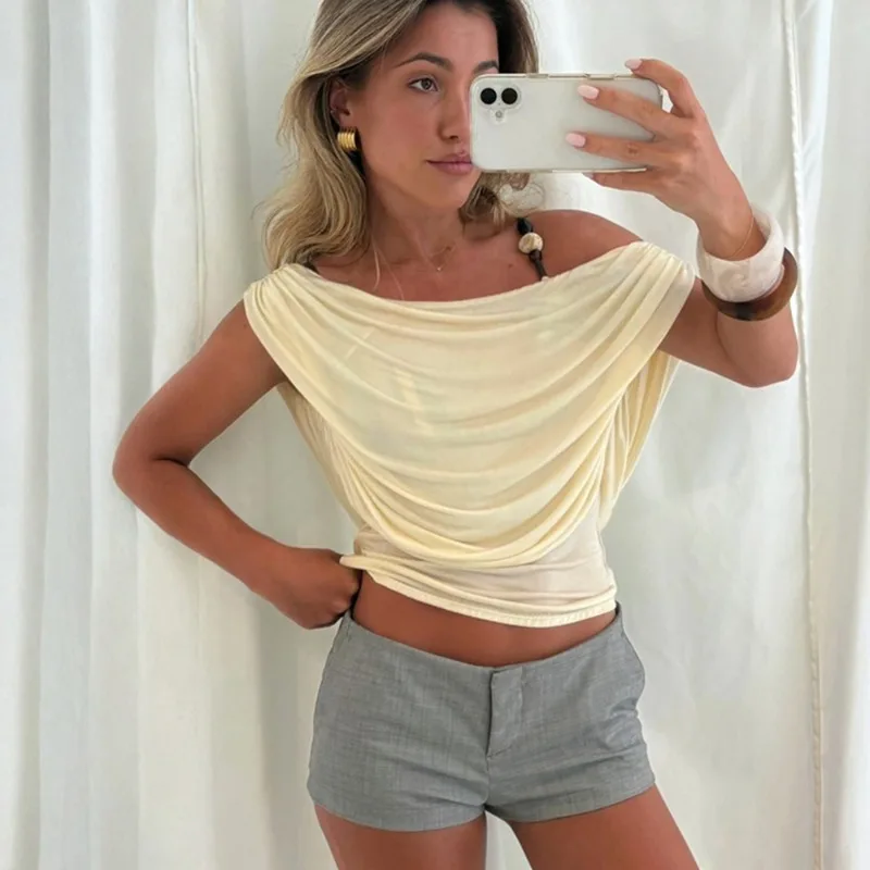 

Talenza New Backless T-Shirt Women Summer Fashion Sleeveless Off-Shoulder Solid Cropped Top Casual Commuter Elegant Female Tees