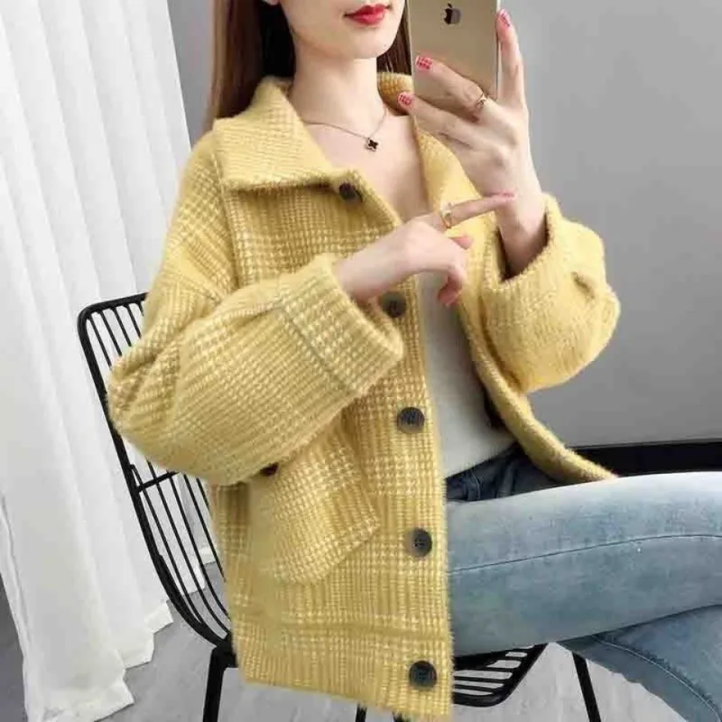 Women 2024 New Spring Autumn Imitation Mink Cashmere Coat a Female Loose Soft Plaid Sweater Female Knit Cardigan Outerwear