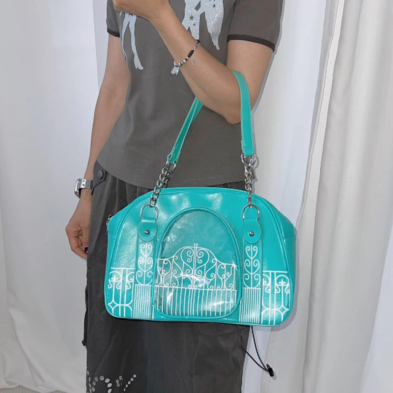 Gothic Ita Bag mit transparentem PVC-Fenster, Damen-Umhängetasche mit Eisentor-Design-Print, Vintage-Handtasche, schwarze Tragetasche – Detail 19
