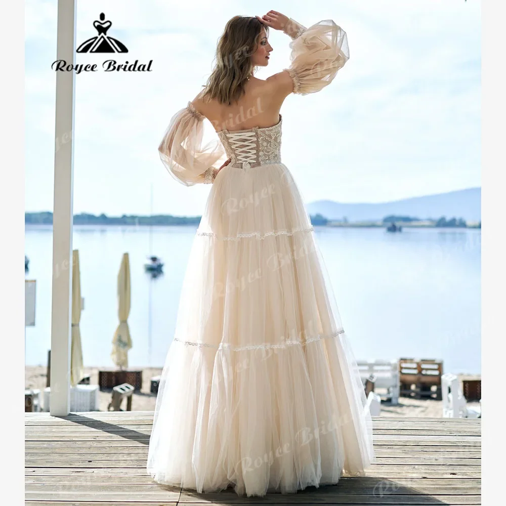 Elegant Boho Lace Off Shoulder Wedding Party Dress for Women 2025 Bridal Dinner Gown with Remove Puff Sleeve vestidos de fiesta