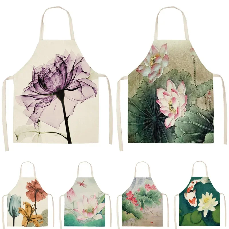 1Pcs Flower Lotus Pattern Women Lady Apron for Home Kitchen Restaurant Cooking Bib Aprons Catering Anti-Fouling 68x55cm