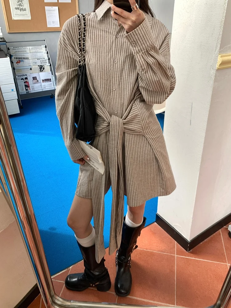 

Vcansy Loose Korean Sle Women's Long Sve irt Dr Belted Striped Design Casual Comfortable Cotton Commute Faion