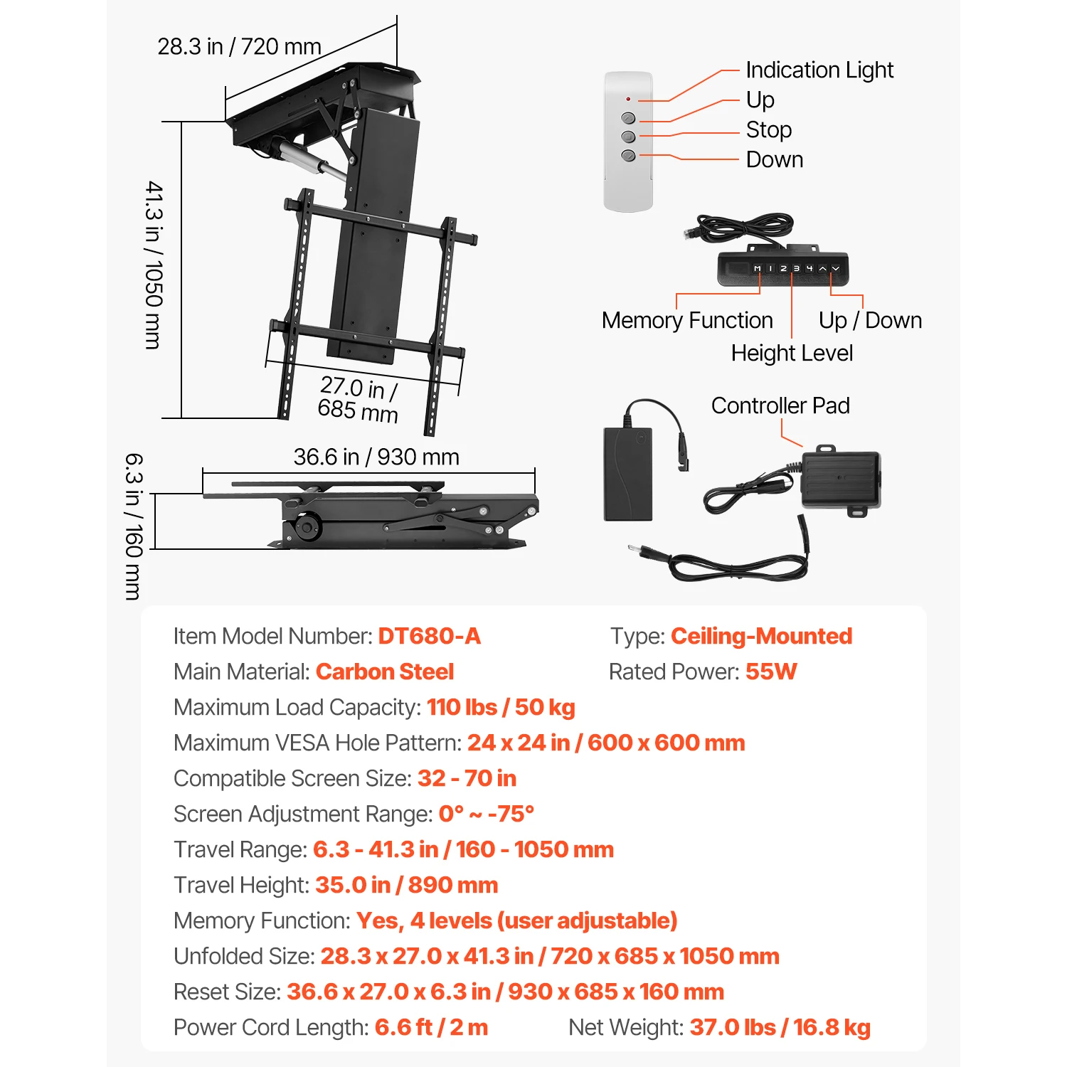 SucceBuy Motorisierte TV-Wandhalterung für 32 bis 55/65/70 Zoll verstellbare TV-Halterung mit maximaler VESA 24 x 16/24 Zoll bis zu 88–132 Pfund 4