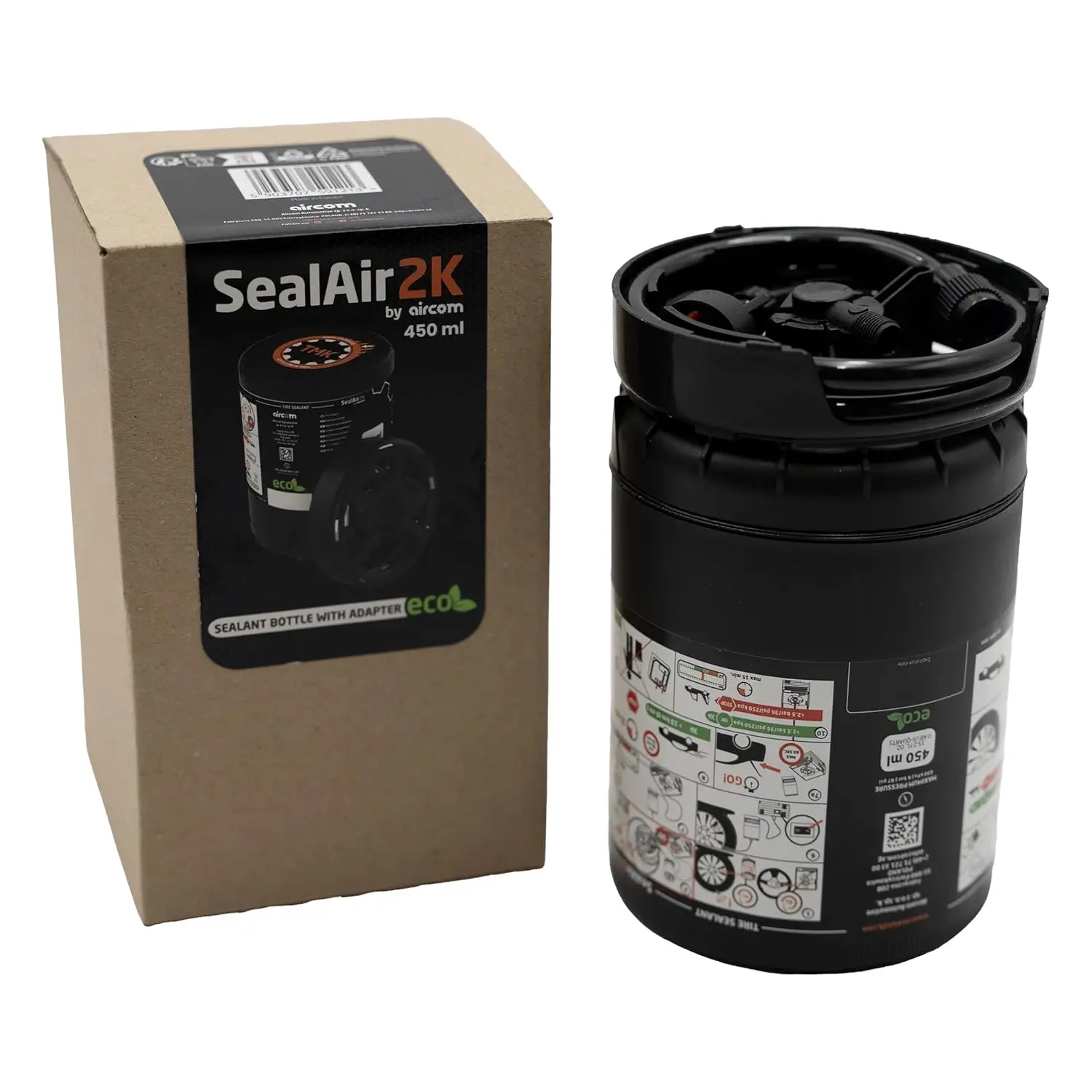 Botella de sellador de neumáticos de 450 ml (para usar compresores de Aircom) con adaptador universal