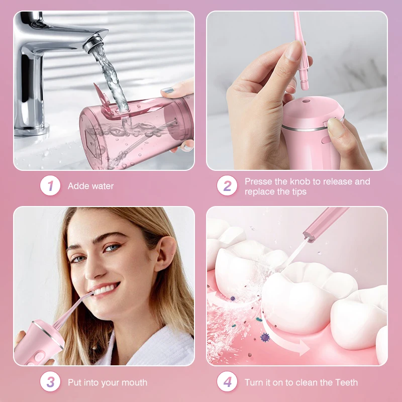 Dental Water Flosser with Replacement Tips,350ml Water Tank,5 Modes,Portable Cordless USB Oral Irrigator for Healthy Teeth,Pink