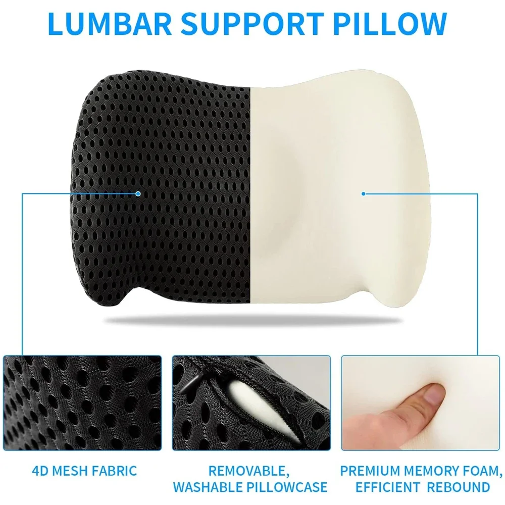 Lumbar Support Pillow for Office Chair,Car Lumbar Pillow Lower Back Pain Relief,Memory Foam Back Cushion with 4D Mesh Cover