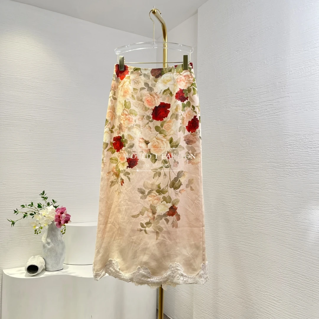 

2025 New Fashion Floral Print Lace Patchwork Vintage Full Sleeve Blouse and Ramie Midi Skirt Women Set