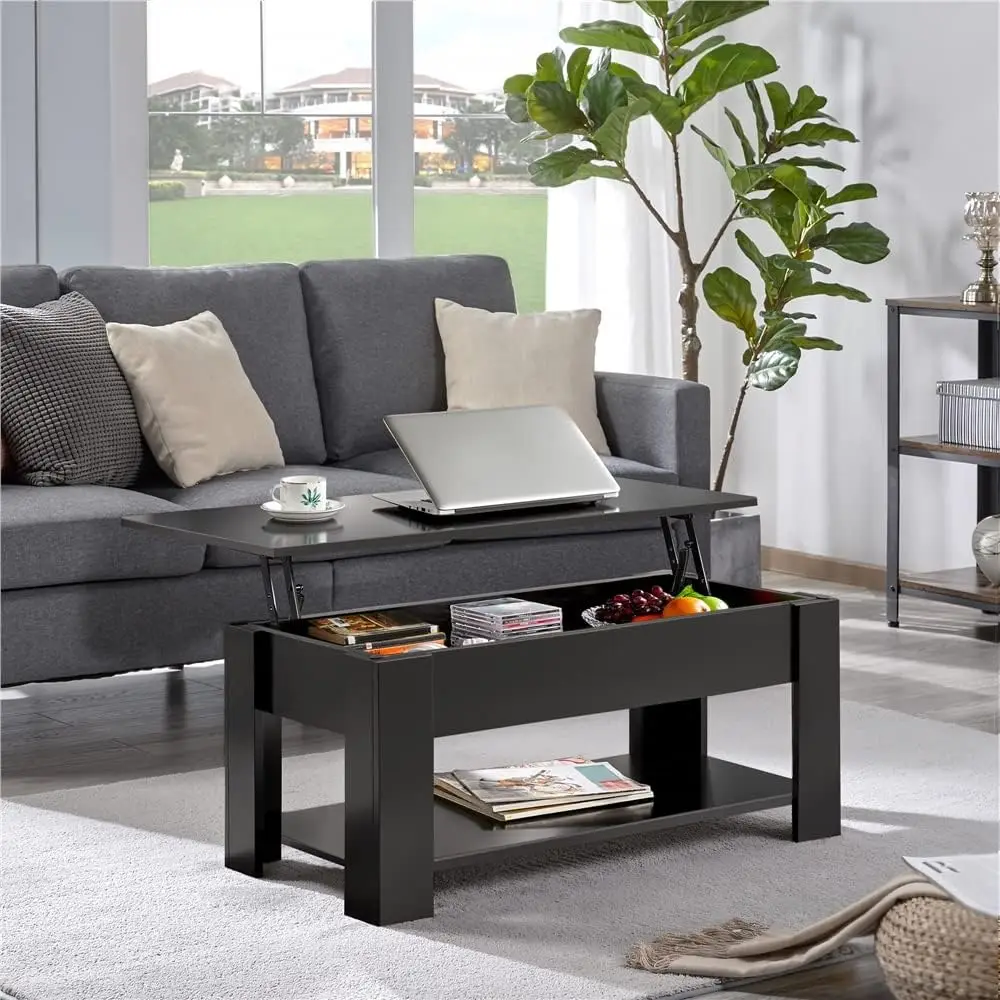 38.6in Lift Top Coffee Table with Large Hidden Storage Shelf, Dining Table for Living Room, Home Small Space, Black