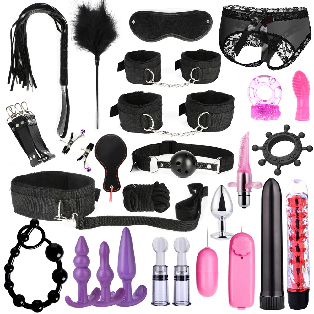 Bondage Set Adults Sex Toys For Women Men Handcuffs Nipple Clamps Whip Spanking Sex Metal Anal Plug Vibrator Butt Bdsm BDSM Kits