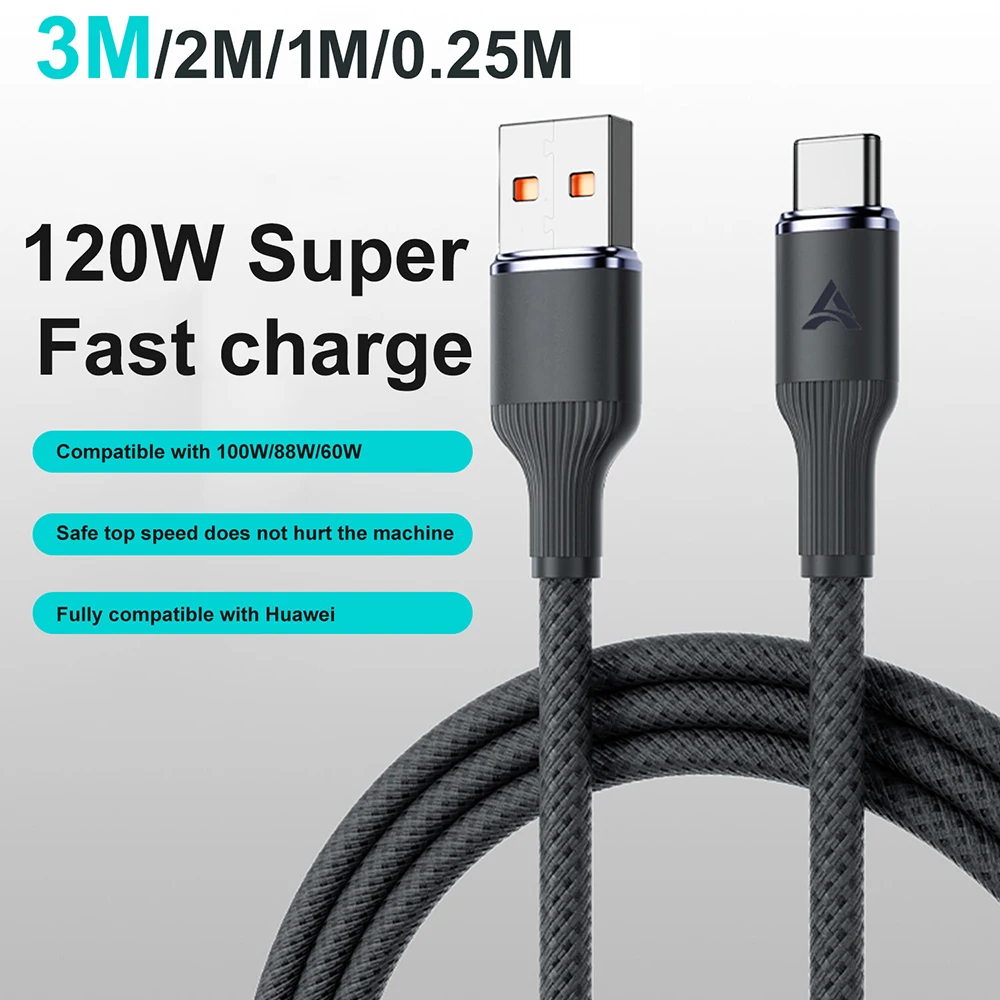 120W USB C Cable Braided Fast Charging Cable Super Quick Charge Data Cord 0.25m 1m 2m 3m for Xiaomi Huawei Samsung 2026 New