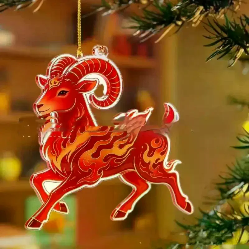 Chinese Zodiac Goat Hanging Ornament Auspicious Red Gold Design For Spring Festival New Year Home Decoration Acrylic