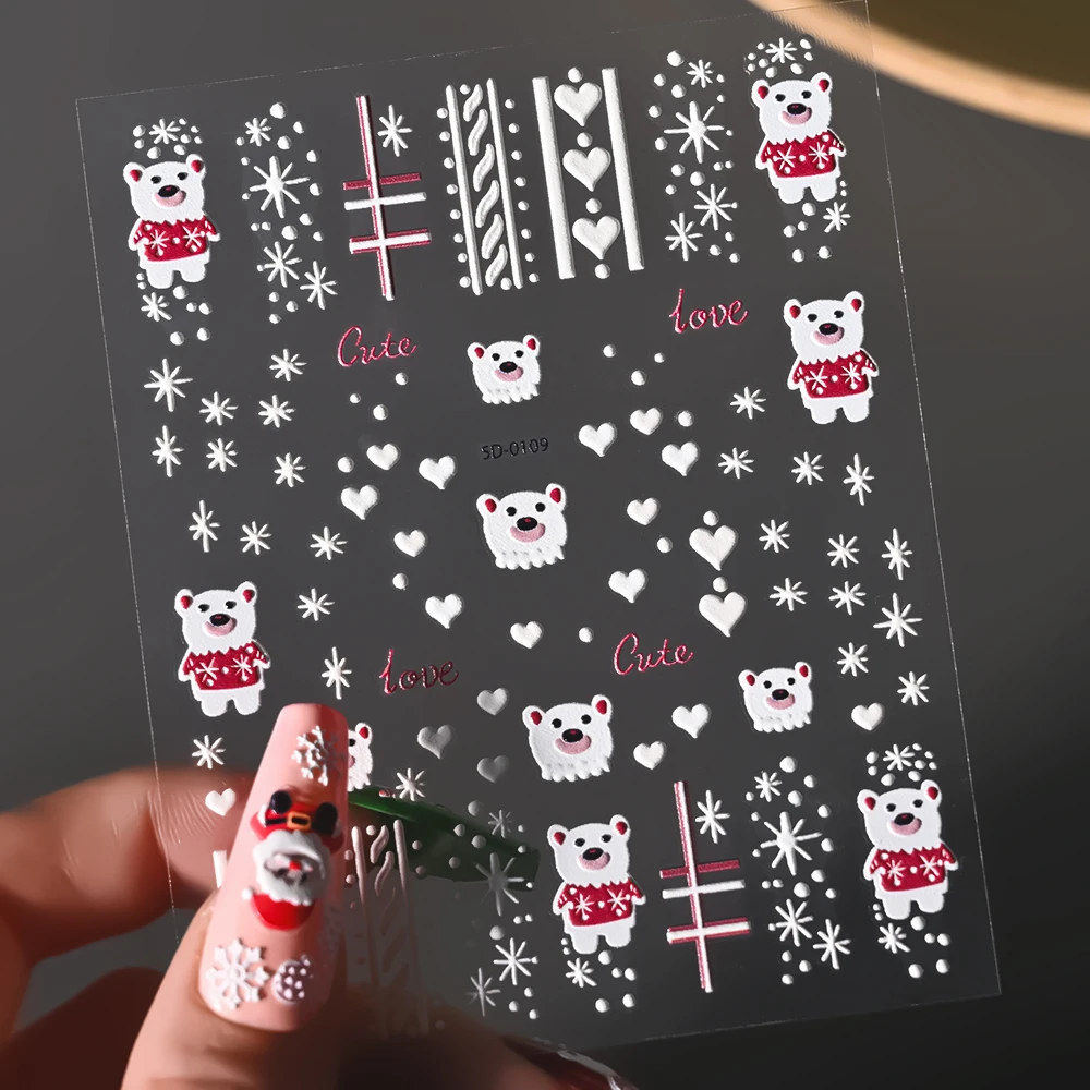 ﻿ สติ๊กเกอร์ติดเล็บลายหมีขาว 5D ลายเกล็ดหิมะ 2 ชิ้น ลายนูนรูปหัวใจ สีขาว ลายหมีน่ารัก สำหรับตกแต่งเล็บ DIY ลายฤดูหนาว