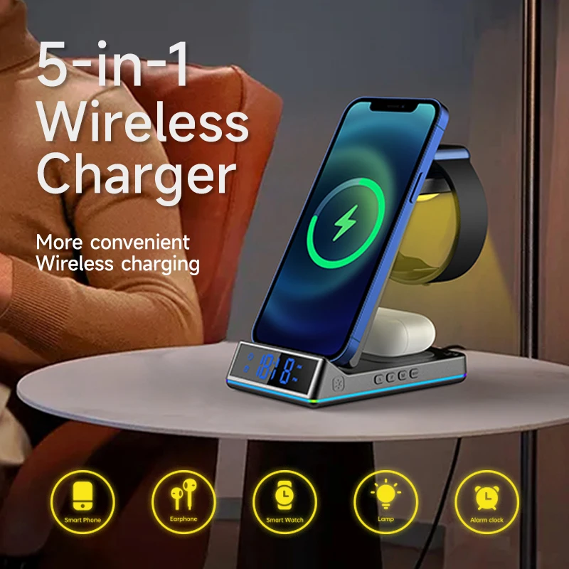 Wireless Charger 3 in 1 Wireless Charging Station with Alarm/Clock/Night Light Fast Charger Stand For iPhone 14 iWatch AirPods