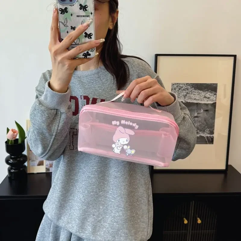 Miniso Hello Kitty borsa My Melody Mesh Makeup Bag grande capacità Kawaii portatile universale da viaggio articoli da toeletta